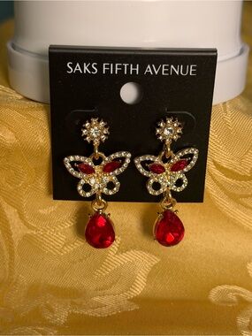 Saks Fifth Avenue Golden Butterfly Earrings with Red Teardrops